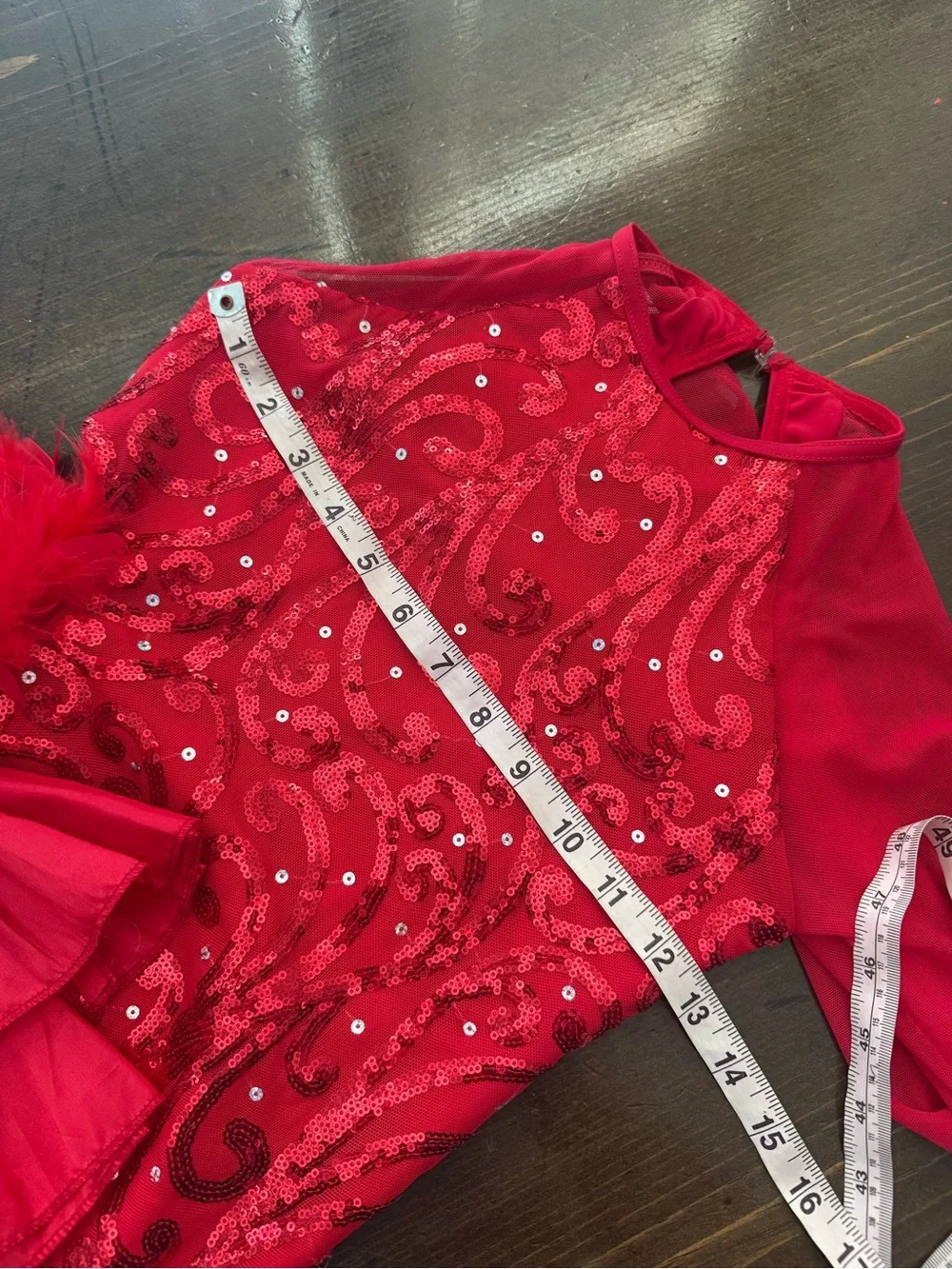 Weissman Red Sequin Ruffle Dance Costume with Feather Accent